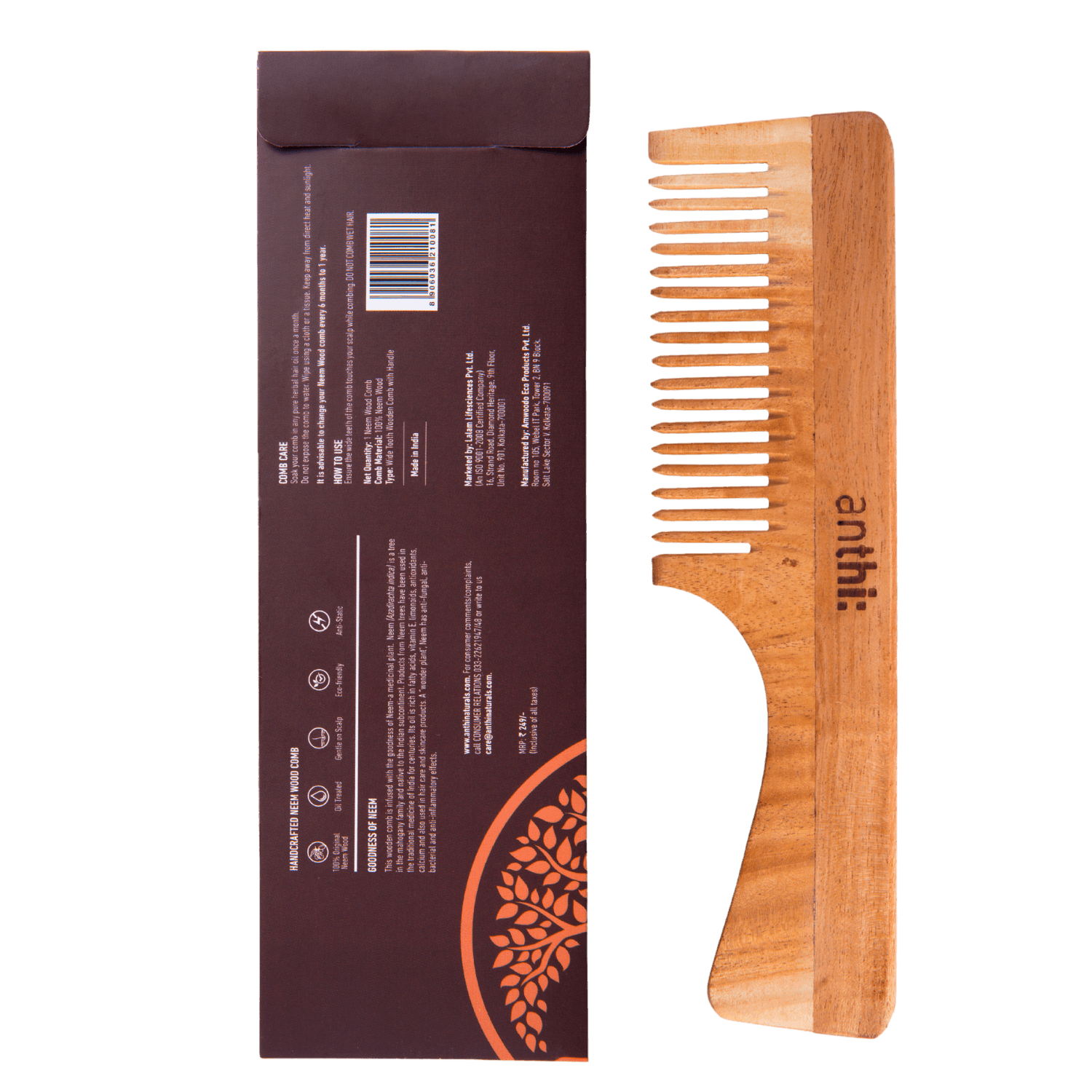 Anthi Neem Wood Comb With Handle